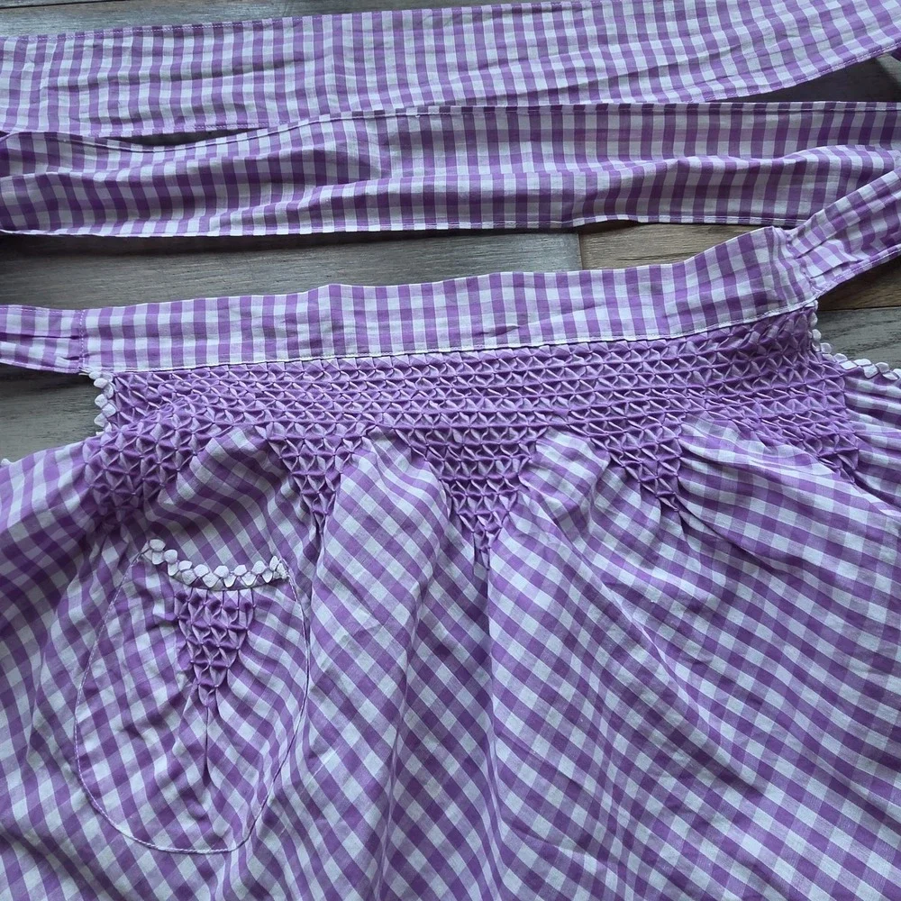 Vintage Gingham Half Apron Purple White Check Smocked Cottagecore Retro Granny
